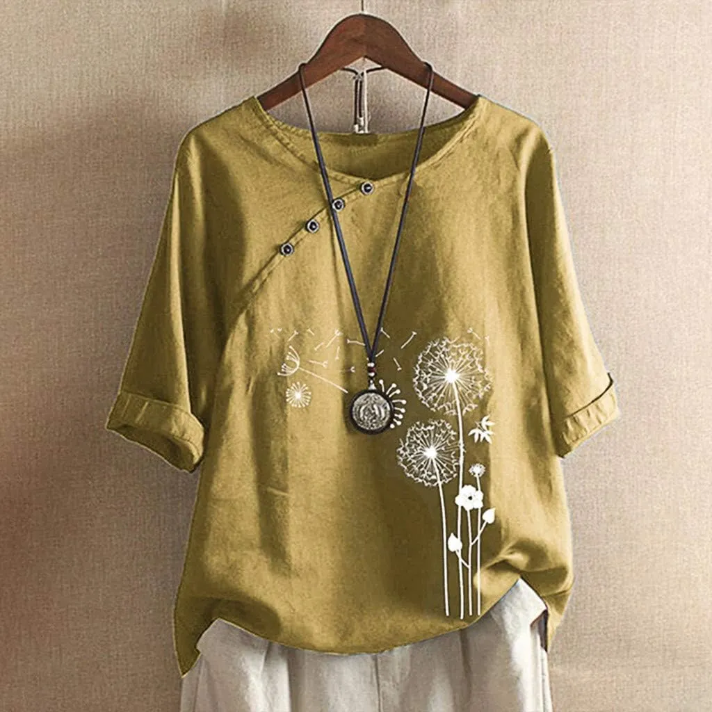 DASAYO Women's Floral Print Cotton Linen Tee Top Button Decor Round Neck Blouse Shirts Loose Fashion Going Out Shirt Tops
