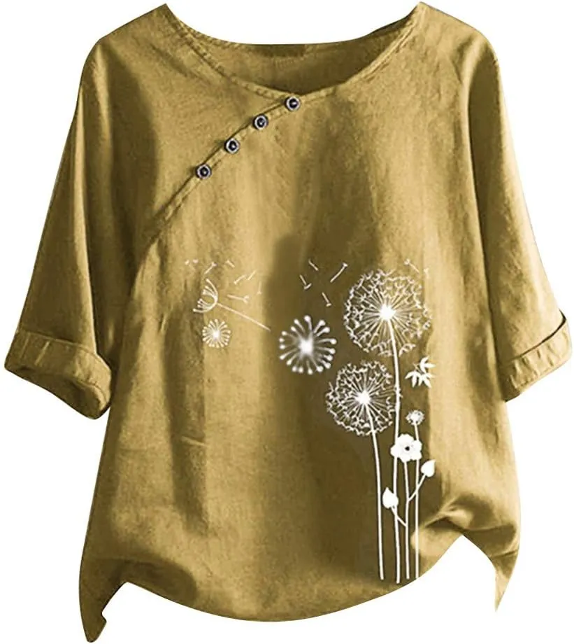 DASAYO Women's Floral Print Cotton Linen Tee Top Button Decor Round Neck Blouse Shirts Loose Fashion Going Out Shirt Tops
