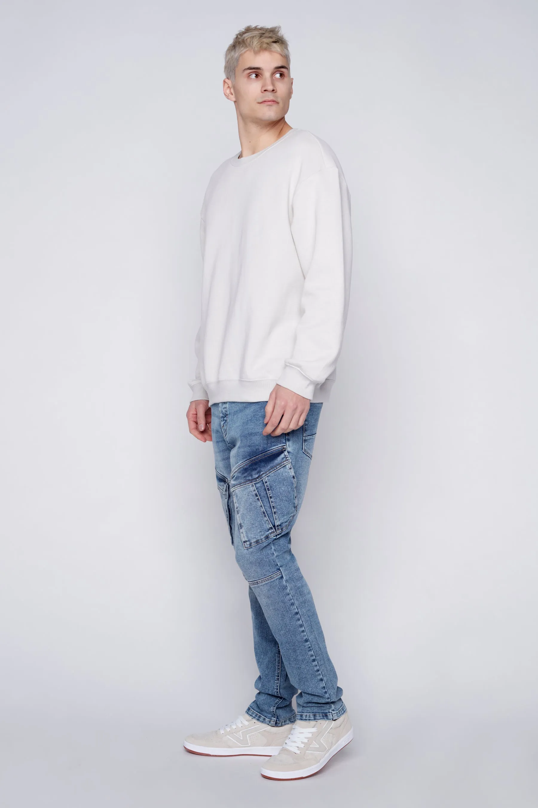 Deluxe 5 Pocket Slim Fit Cargo Jeans - Light Blue Wash