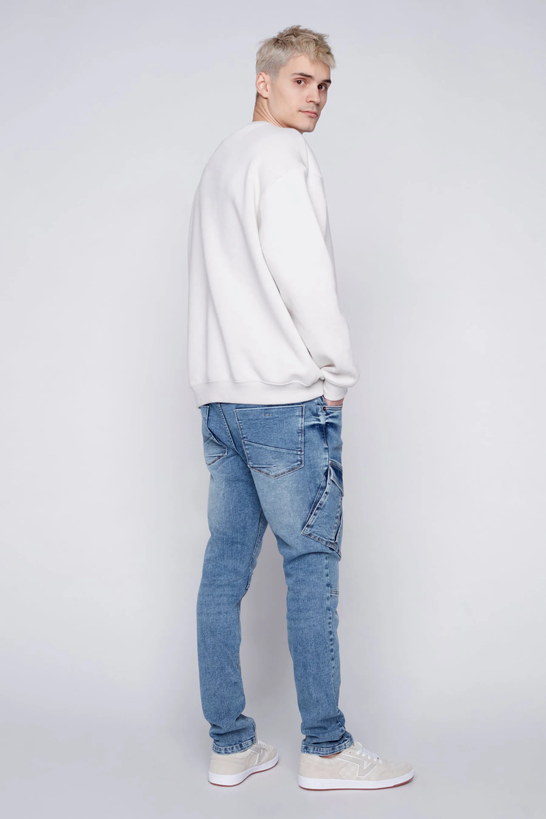 Deluxe 5 Pocket Slim Fit Cargo Jeans - Light Blue Wash