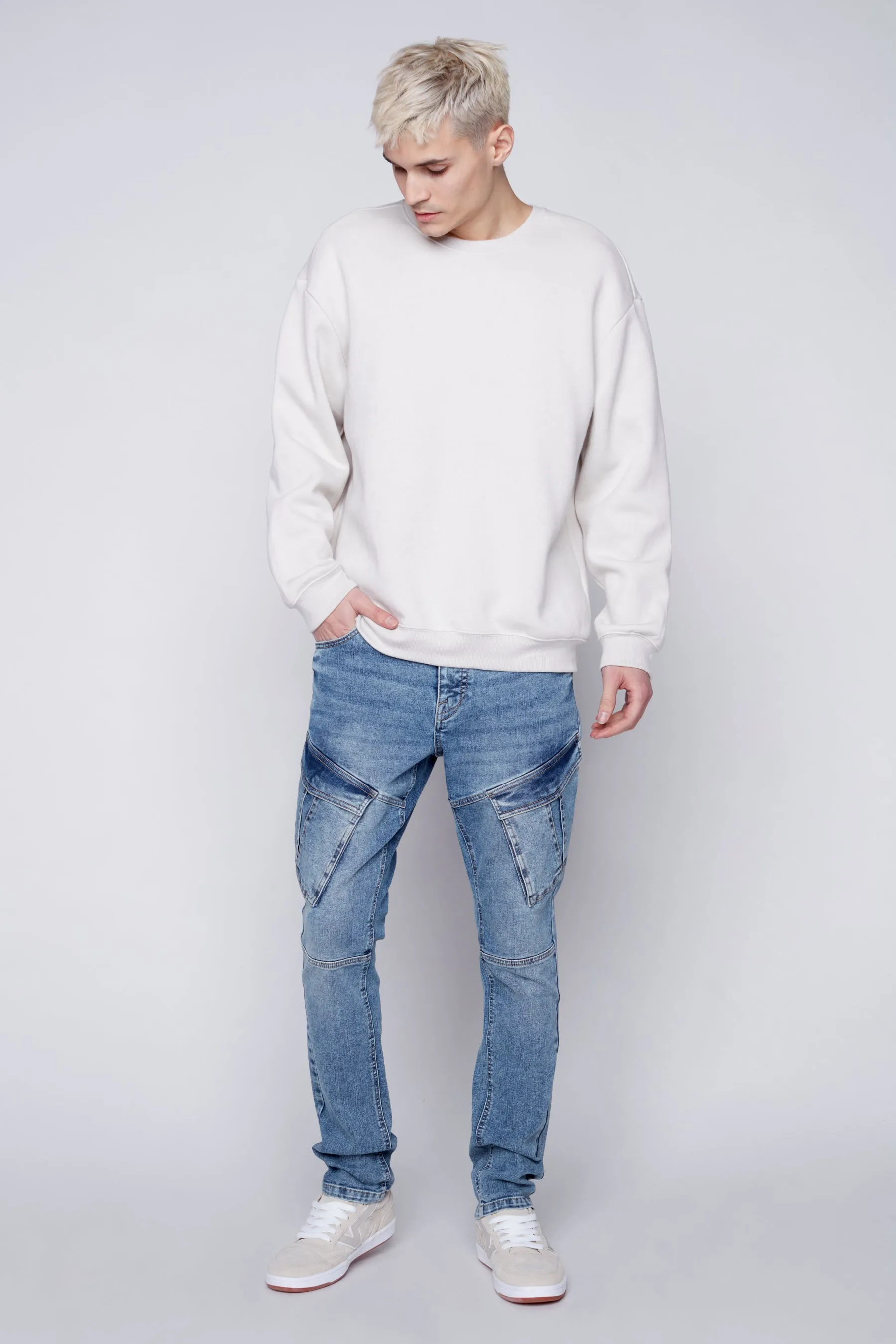 Deluxe 5 Pocket Slim Fit Cargo Jeans - Light Blue Wash