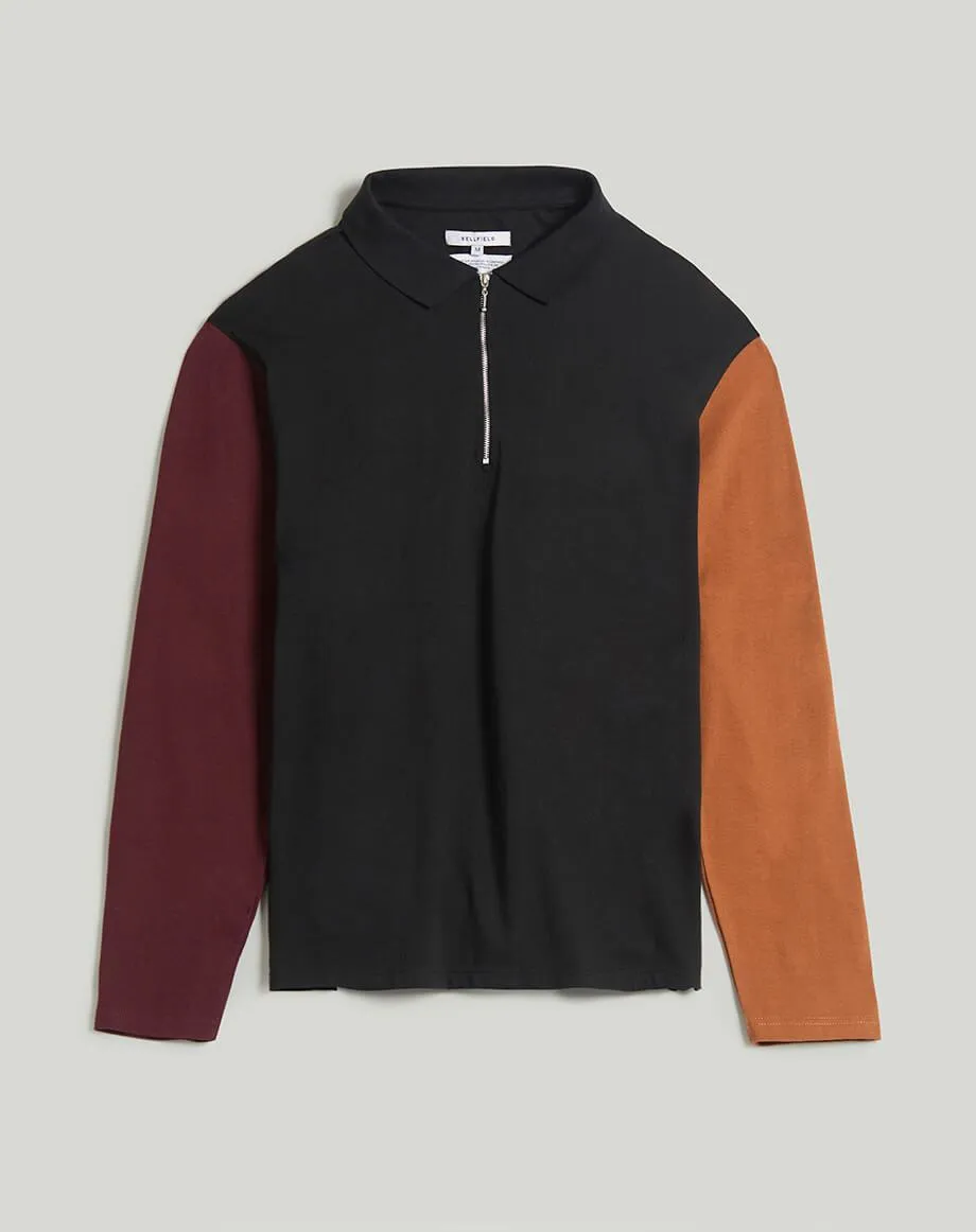 Delvale Long Sleeve Colour Block Mens Polo | Black