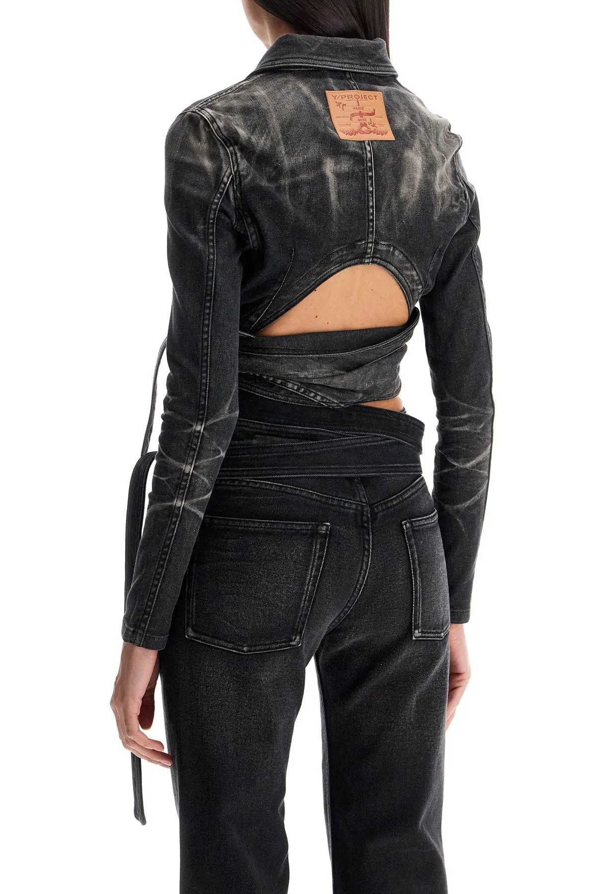 denim jacket with criss-cross belt 107JA002 D18 FADED BLACK