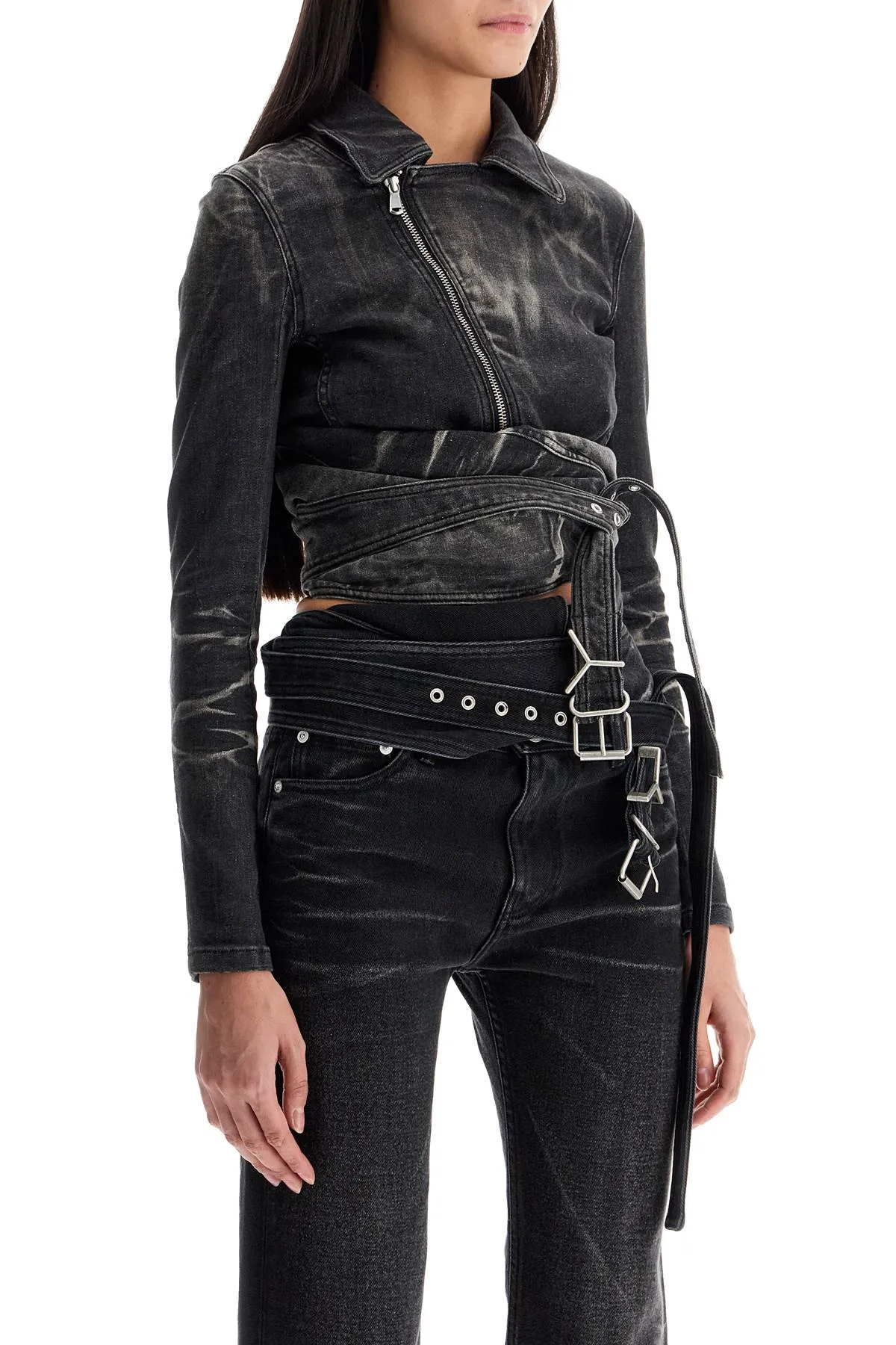 denim jacket with criss-cross belt 107JA002 D18 FADED BLACK