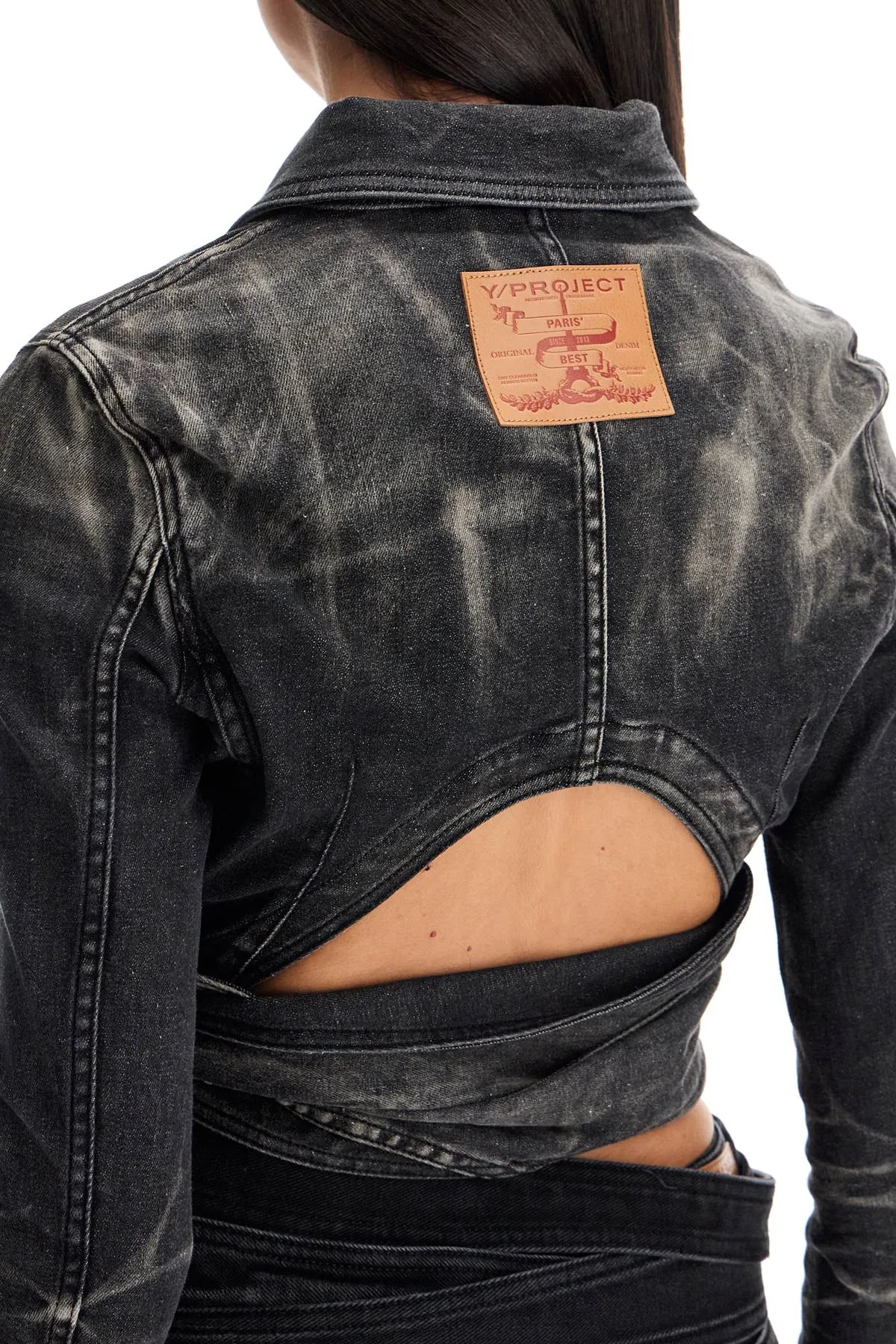 denim jacket with criss-cross belt 107JA002 D18 FADED BLACK