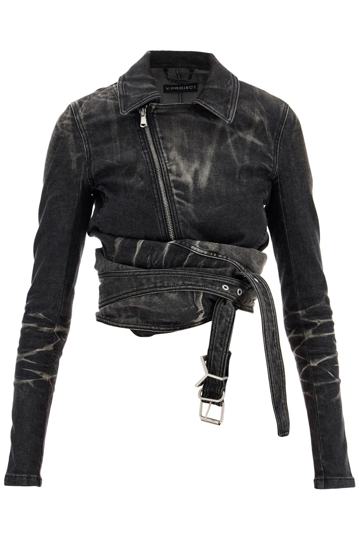 denim jacket with criss-cross belt 107JA002 D18 FADED BLACK