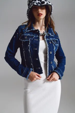 Denim jacket with frayed and embroidered details in Midwash