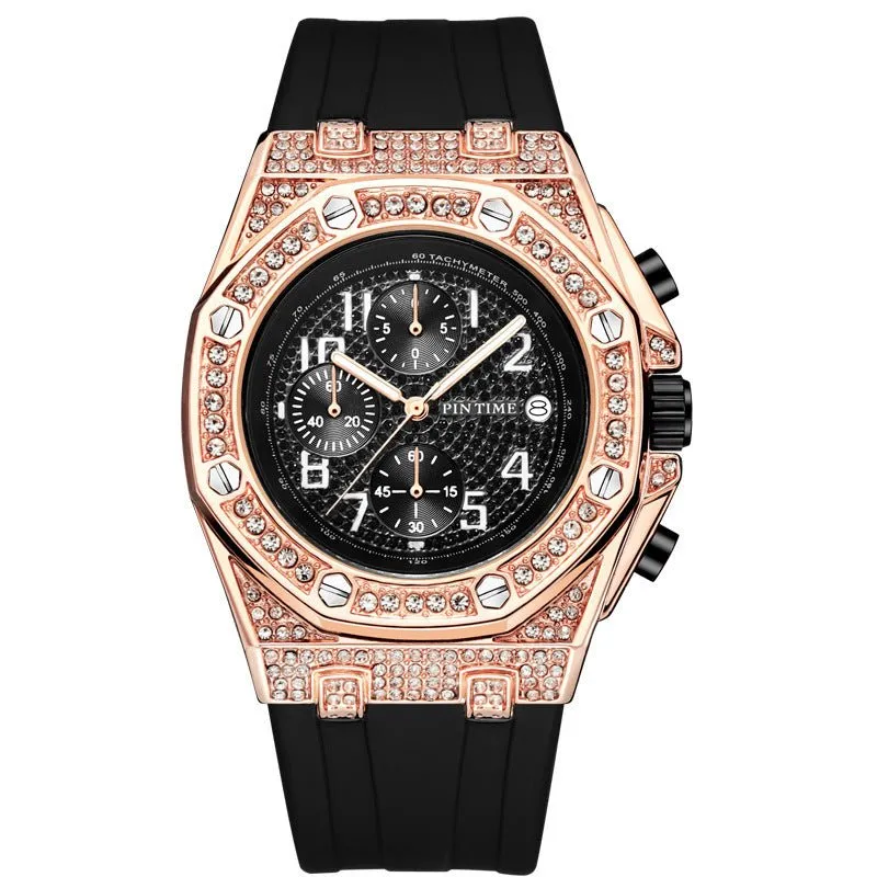 Diamond-Encrusted Large Dial Men's Watch With Chronograph Function