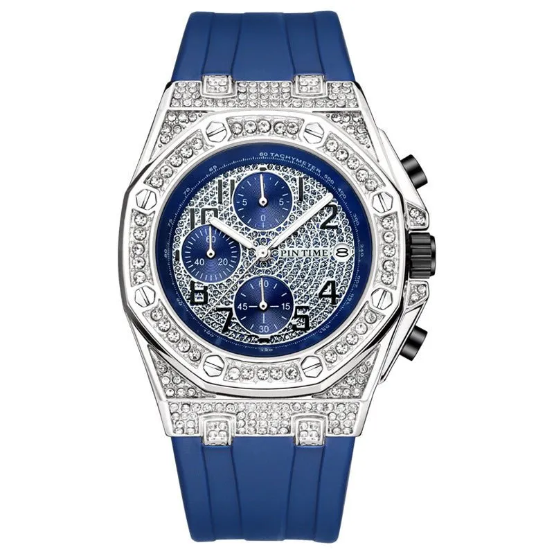 Diamond-Encrusted Large Dial Men's Watch With Chronograph Function