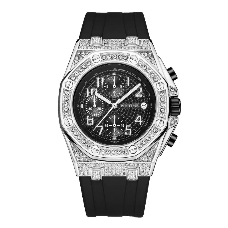 Diamond-Encrusted Large Dial Men's Watch With Chronograph Function