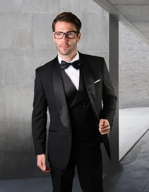 Discover Elegance with TUX-RL: 3-Piece Tailored Fit Shawl Lapel Tuxedo with Double-Breasted Vest in Black | TUX-RL| Black