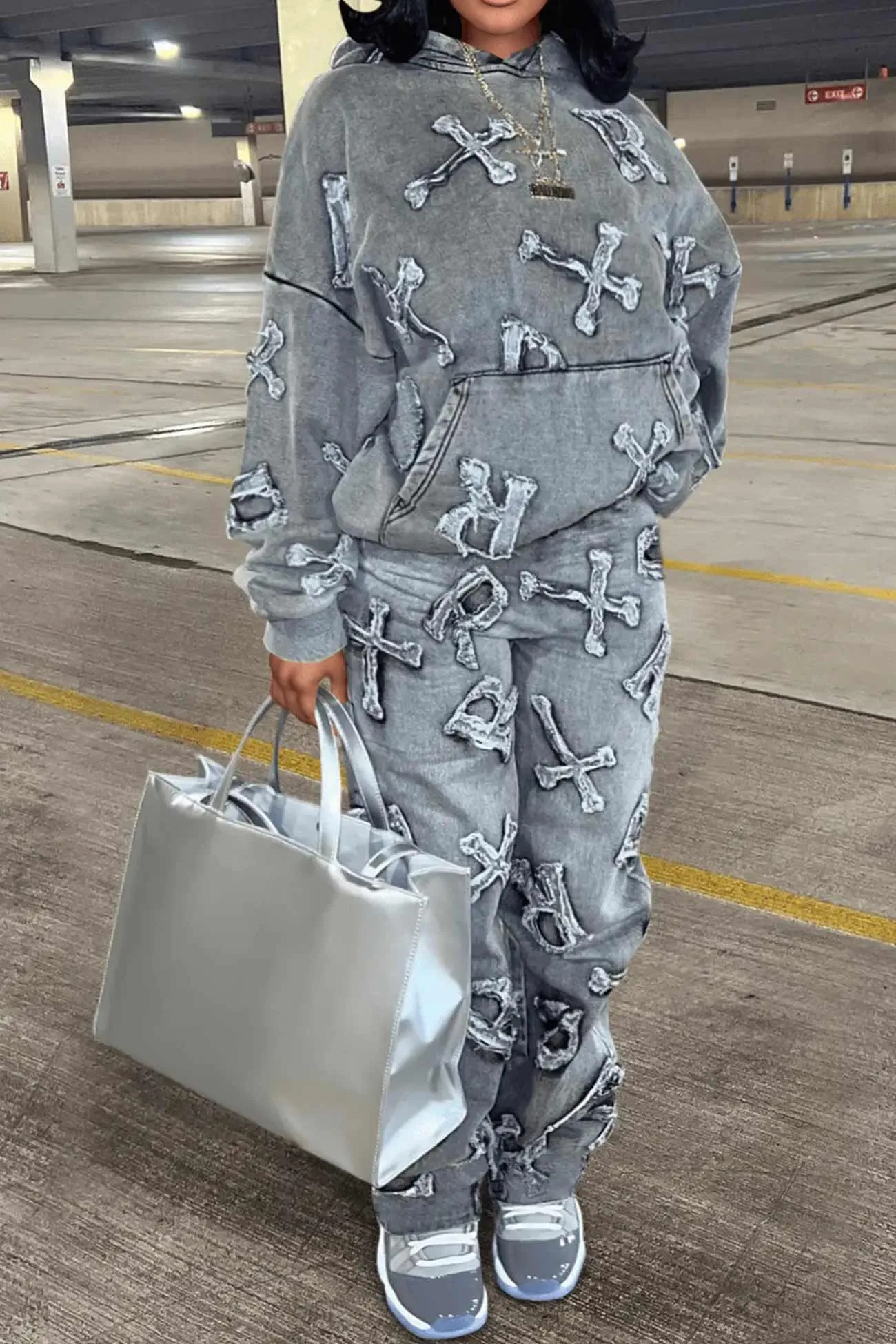 Distressed Denim Hoodie Suits