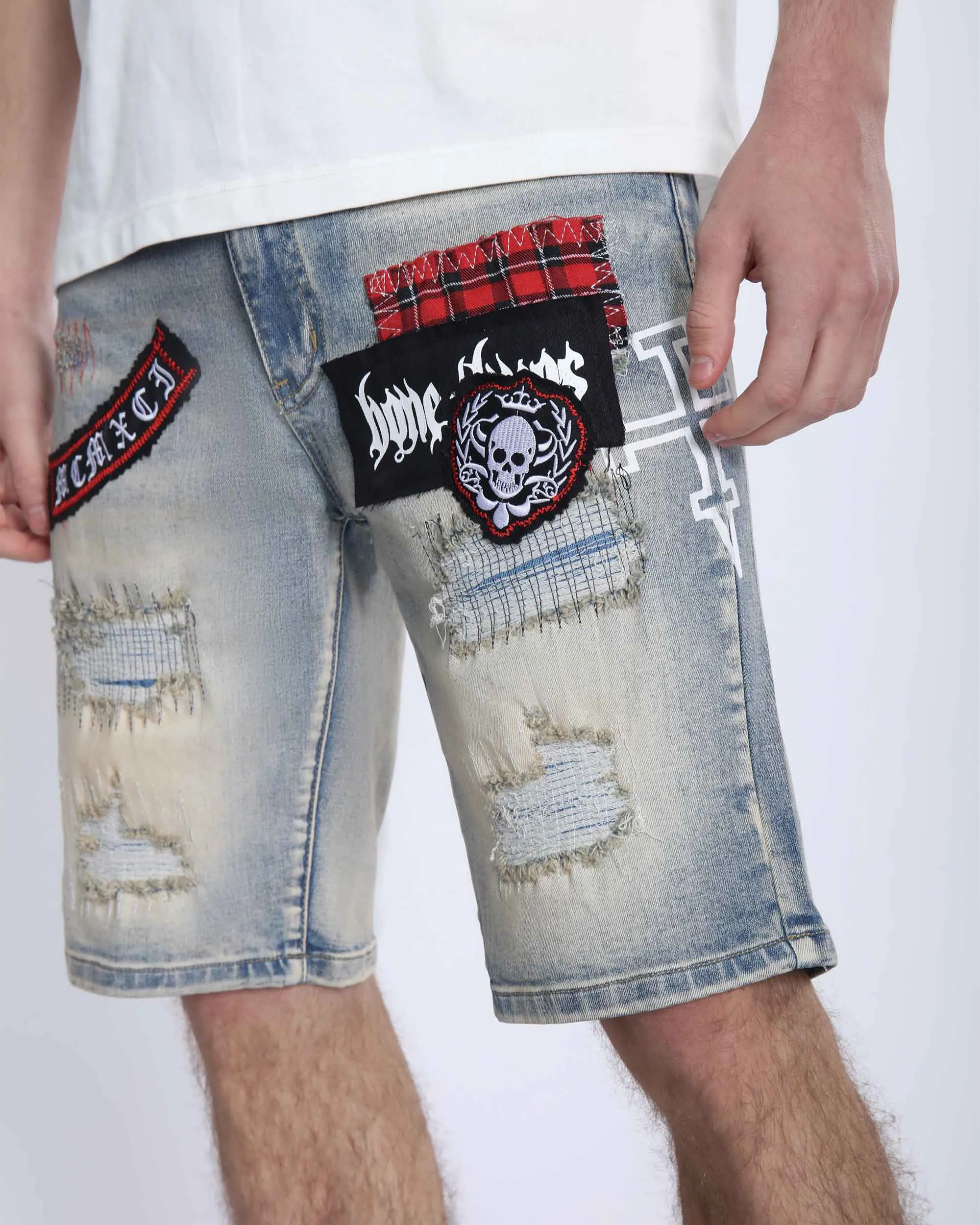 Distressed Denim Shorts with Gothic Skull Badge