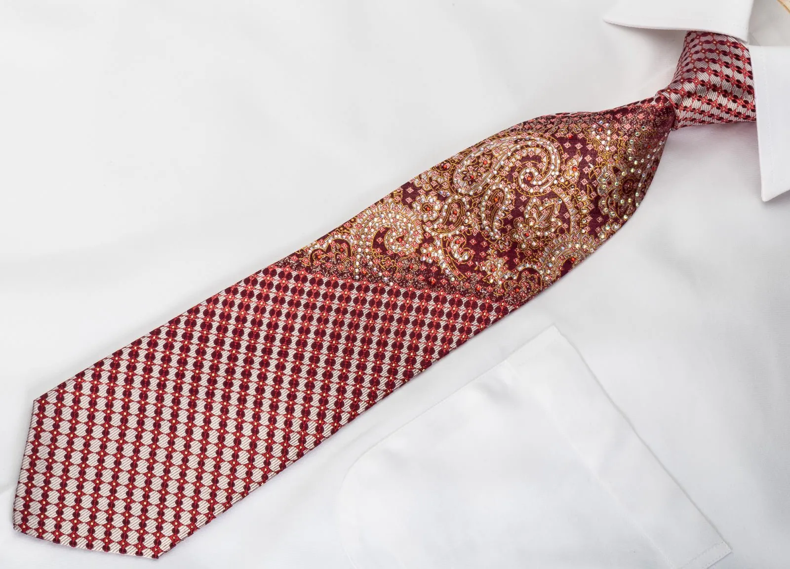 Elegance Rhinestone Necktie Paisley On Burgundy With Silver Sparkles