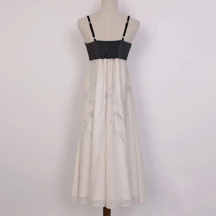 Elegant Bamboo Print Colorblock Slip Dress Split Cardigan