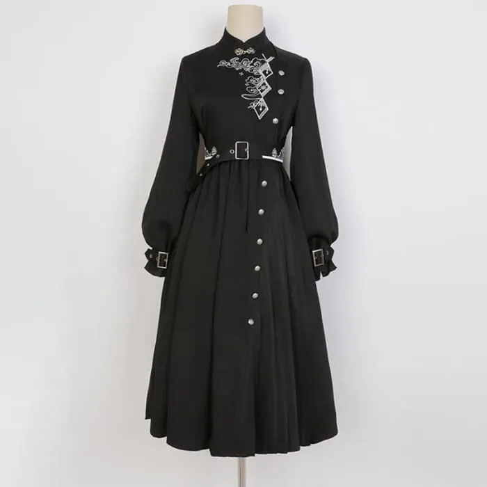 Elegant Black Vintage Embroidery Belted Pleated Dress