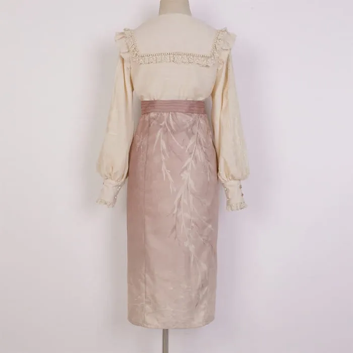 Elegant Embroidery Pink Shirt High Waist Split Pleated Skirt