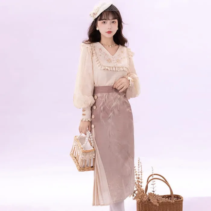 Elegant Embroidery Pink Shirt High Waist Split Pleated Skirt