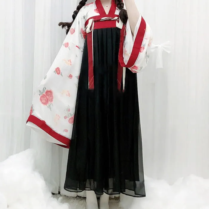 Elegant V-Neck Floral Print Top Skirt Kimono Set