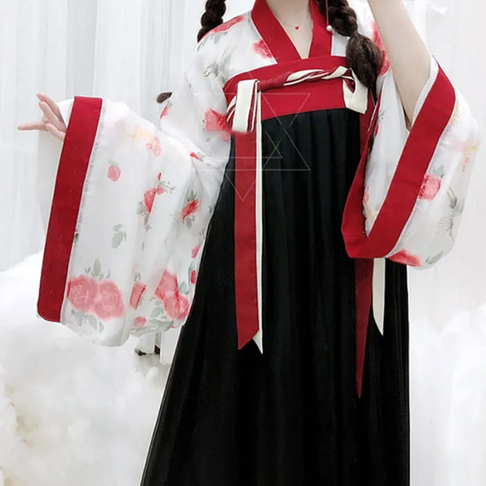 Elegant V-Neck Floral Print Top Skirt Kimono Set