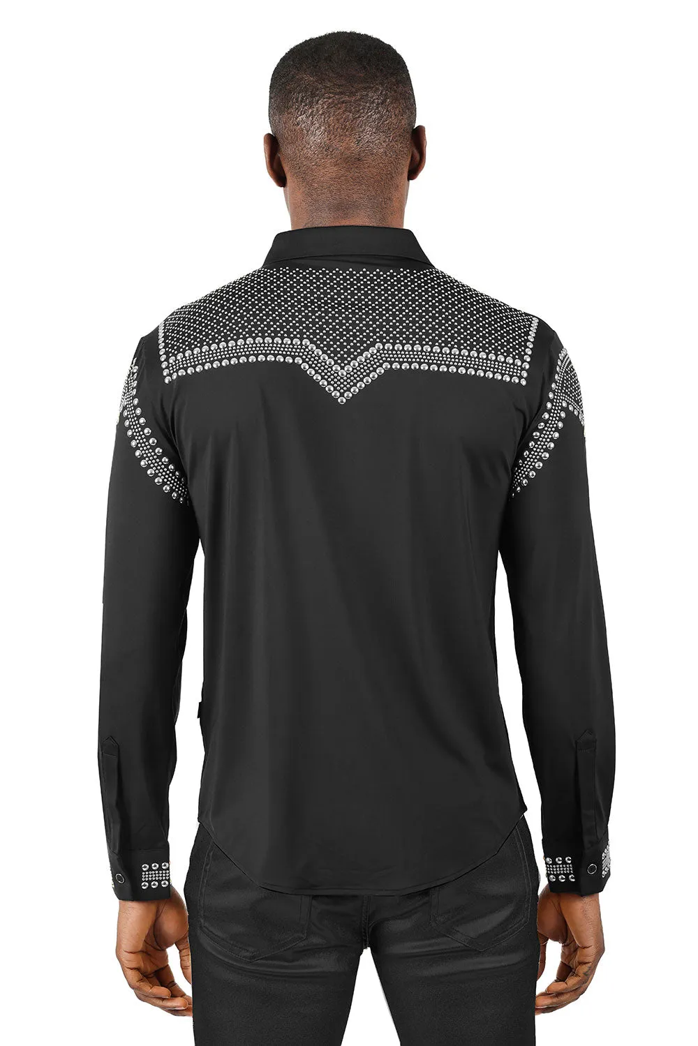 Experience rebel style & comfort with Bad Boy Studded long sleeve men's shirts in white/silver by BARABAS! | 3B24