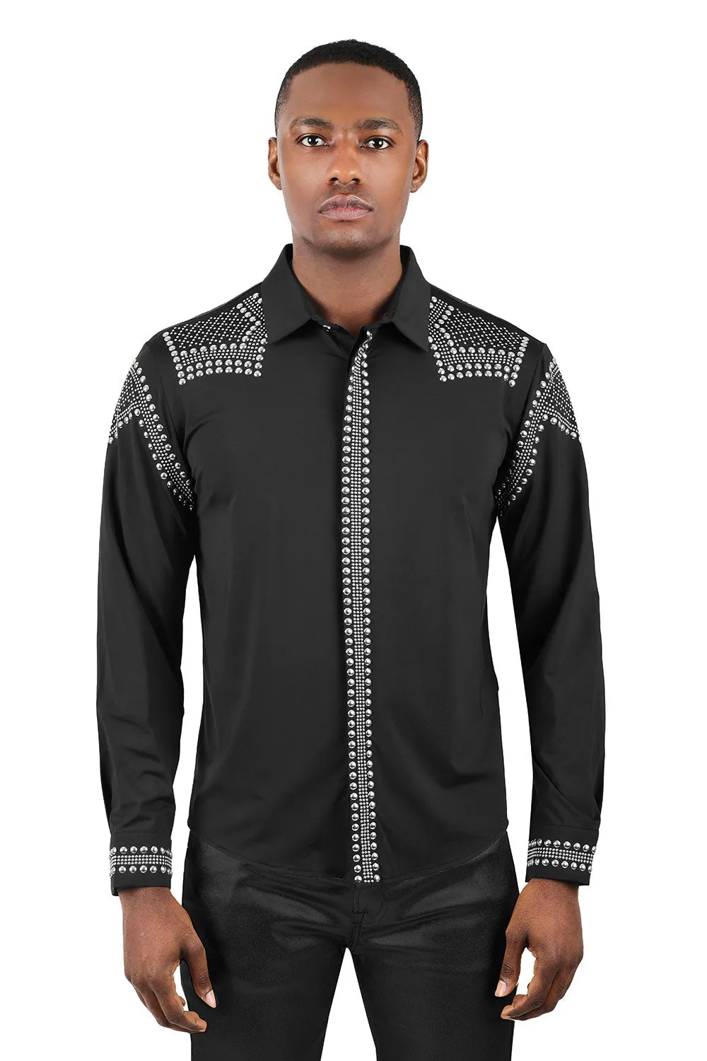 Experience rebel style & comfort with Bad Boy Studded long sleeve men's shirts in white/silver by BARABAS! | 3B24