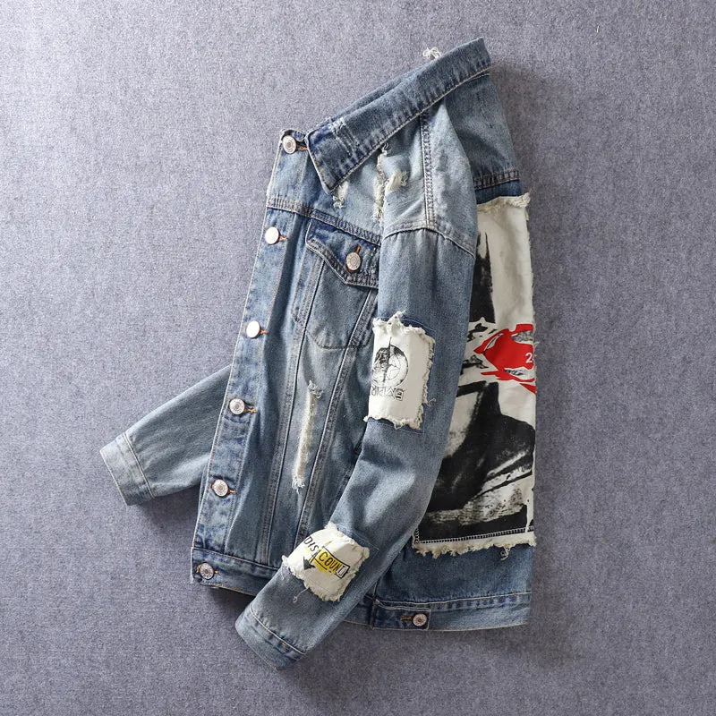 Fashion Men Jacket Patchwork Denim Jacket