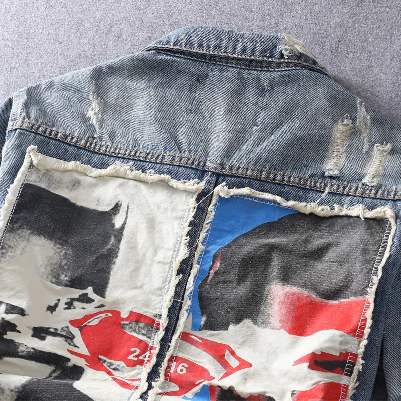 Fashion Men Jacket Patchwork Denim Jacket