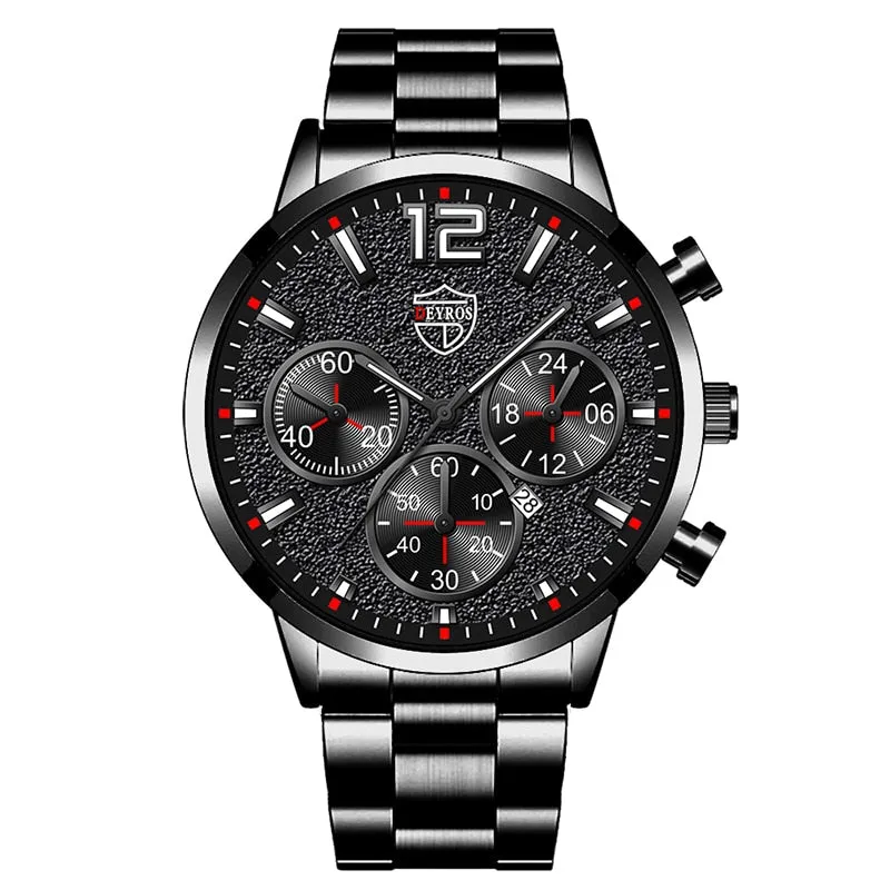 Fashion Mens Watches Luxury Silver Stainless Steel Quartz Wristwatch