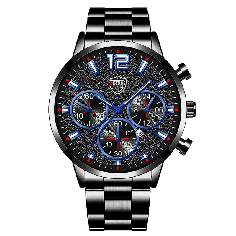 Fashion Mens Watches Luxury Silver Stainless Steel Quartz Wristwatch
