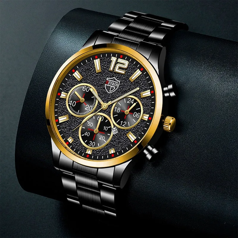 Fashion Mens Watches Luxury Silver Stainless Steel Quartz Wristwatch