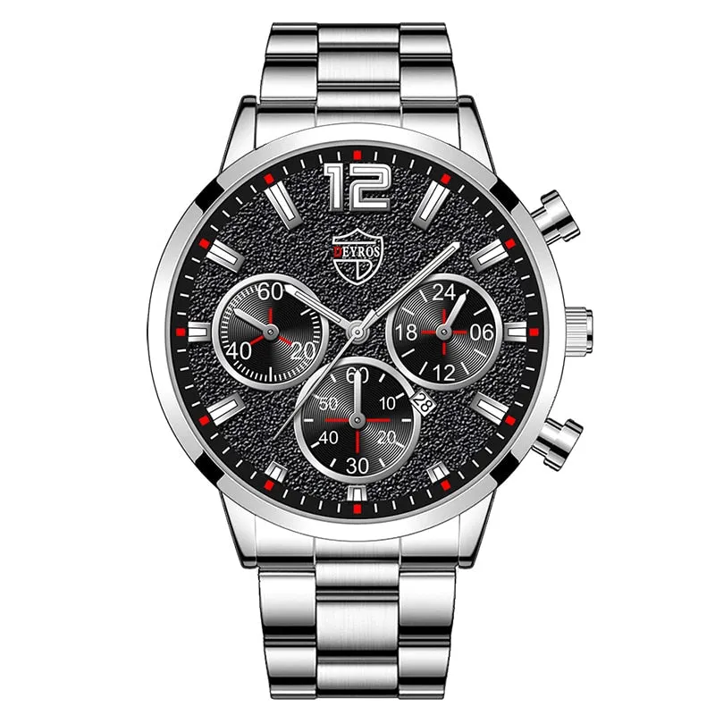 Fashion Mens Watches Luxury Silver Stainless Steel Quartz Wristwatch