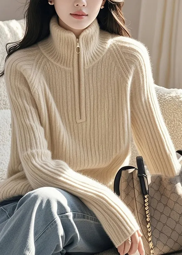 Fine Beige Zip Up High Neck Knitted Sweaters Spring TO012