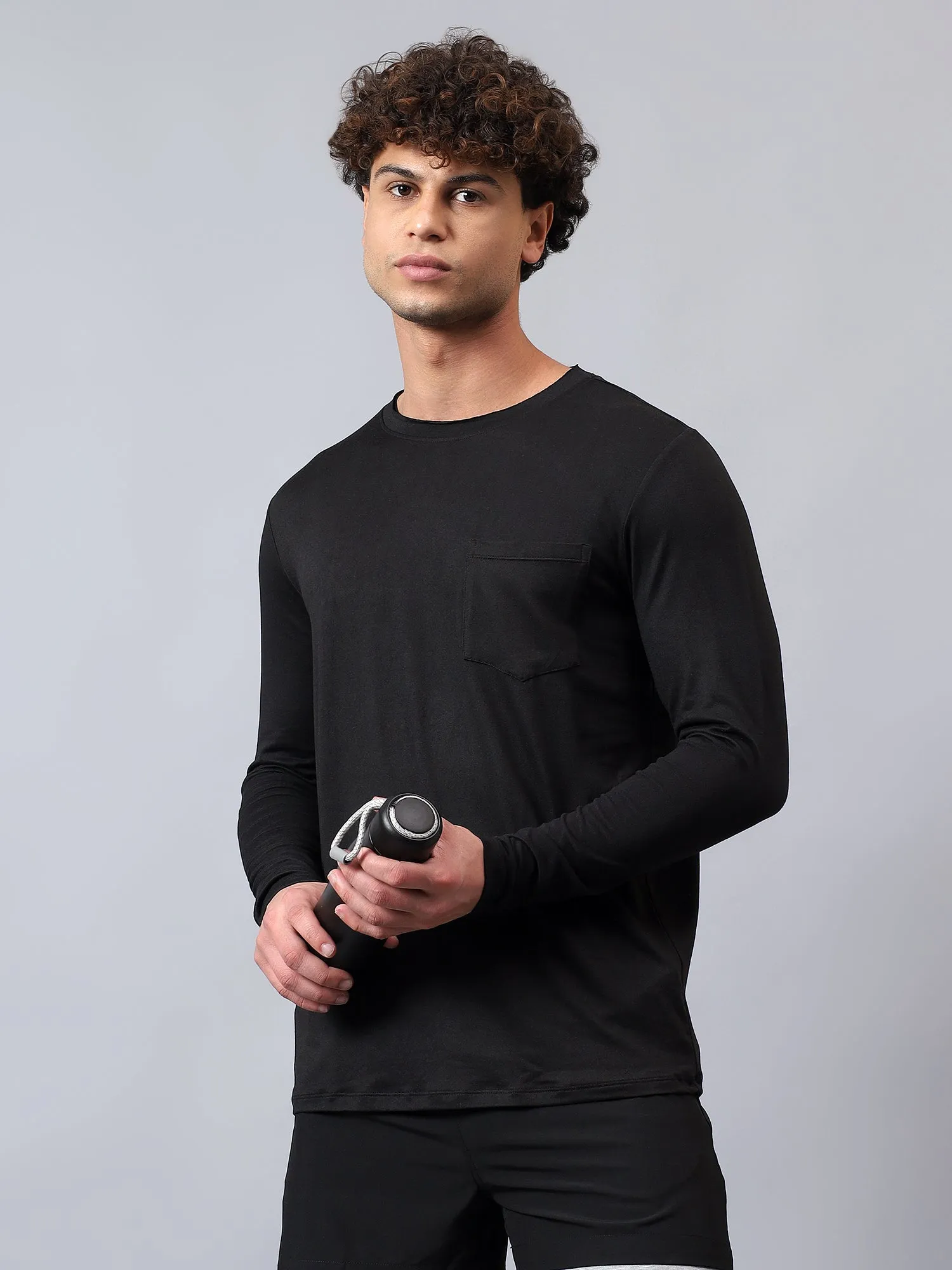 Fitkin men's black raw edge neck style long sleeevs t-shirt