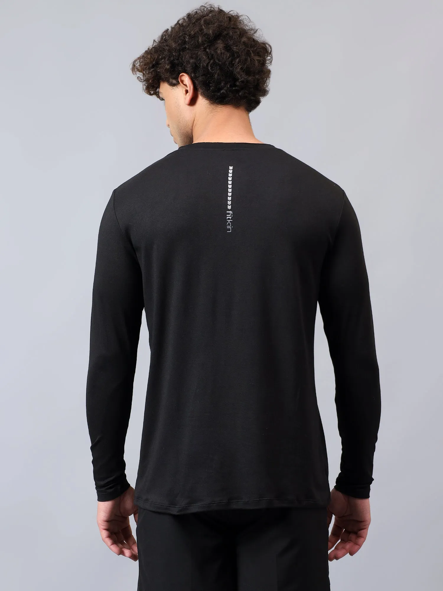 Fitkin men's black raw edge neck style long sleeevs t-shirt