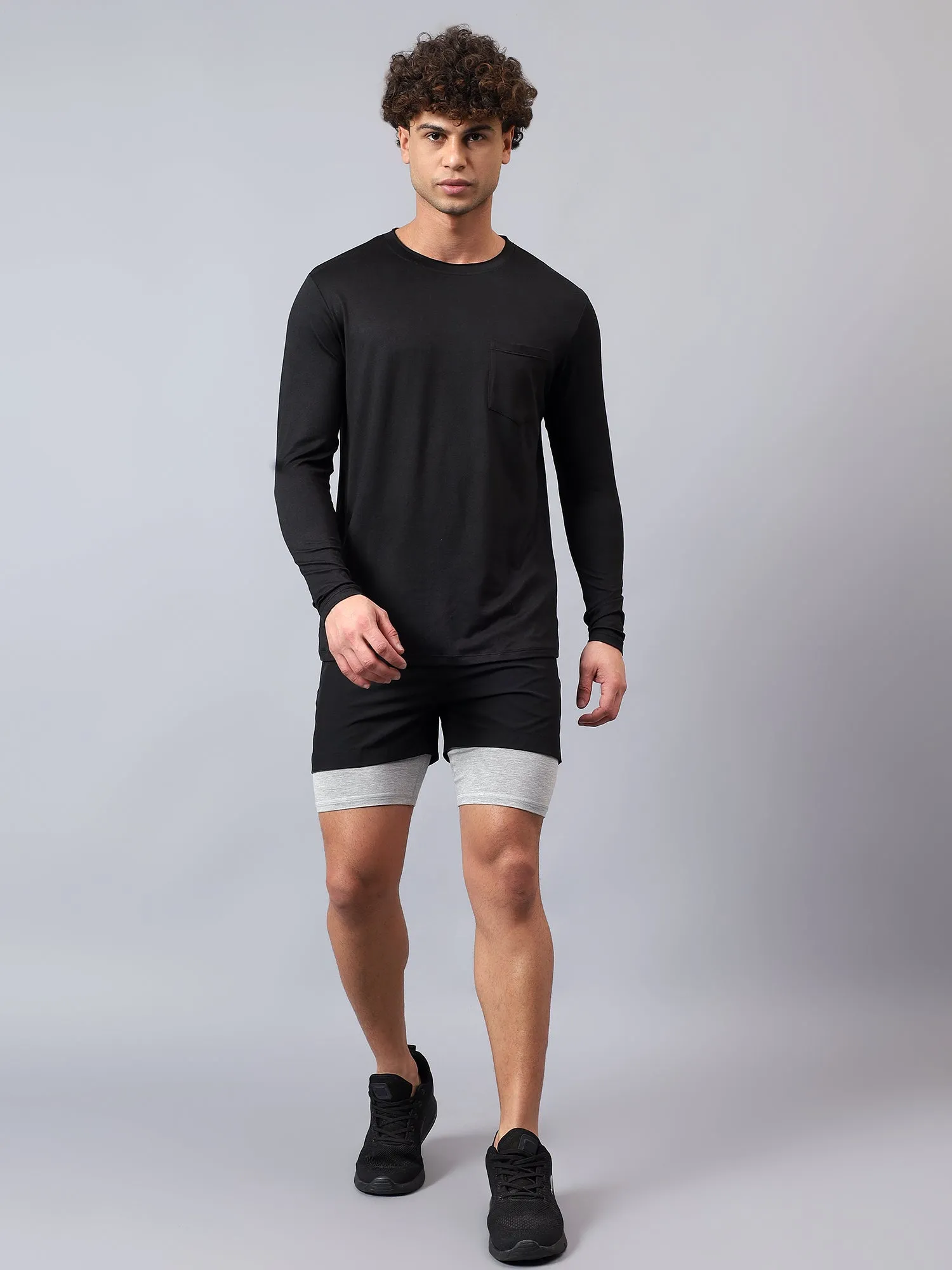 Fitkin men's black raw edge neck style long sleeevs t-shirt