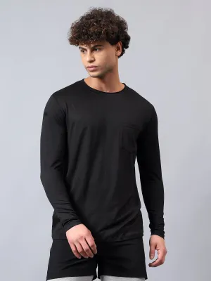 Fitkin men's black raw edge neck style long sleeevs t-shirt