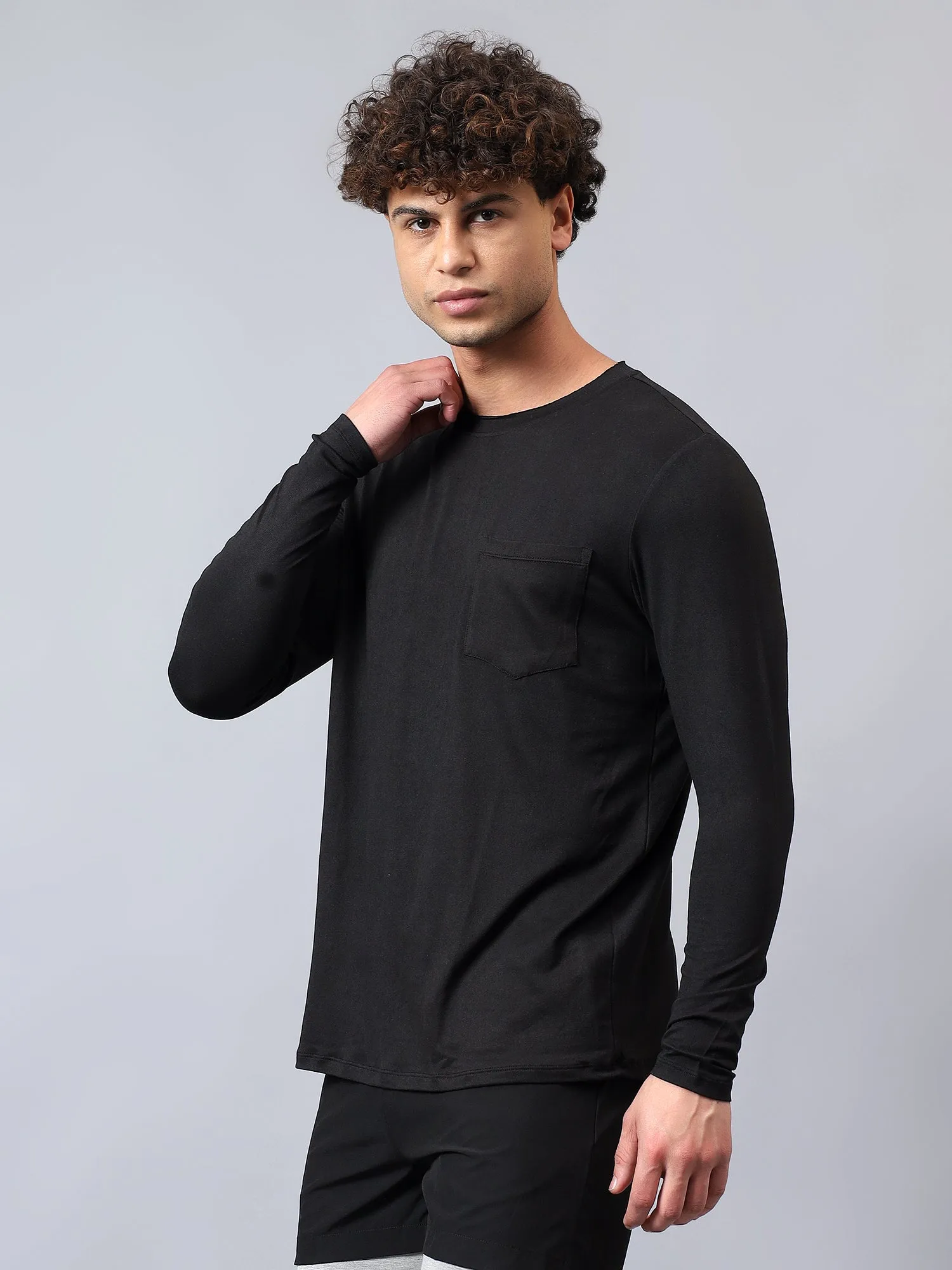 Fitkin men's black raw edge neck style long sleeevs t-shirt