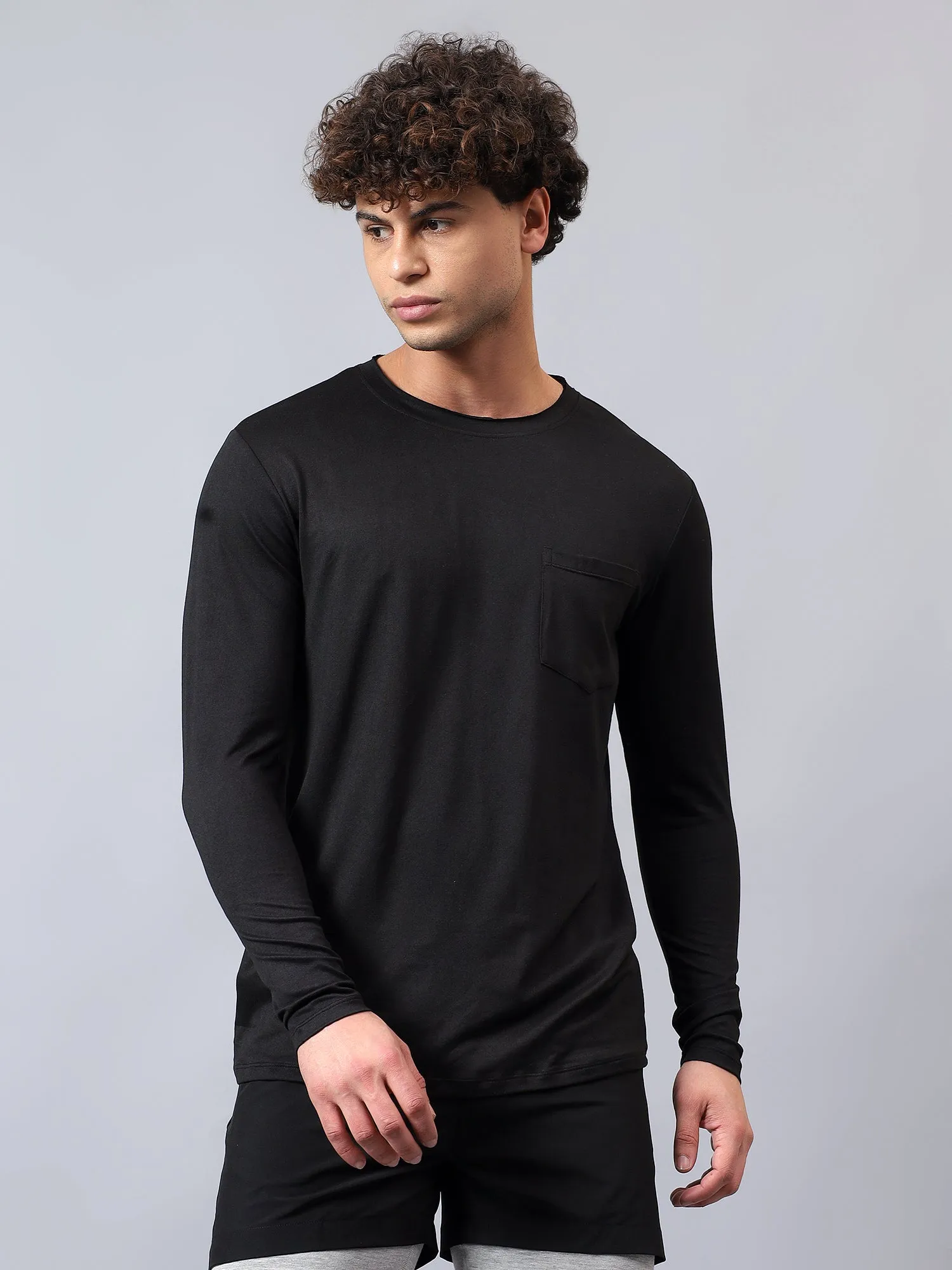 Fitkin men's black raw edge neck style long sleeevs t-shirt