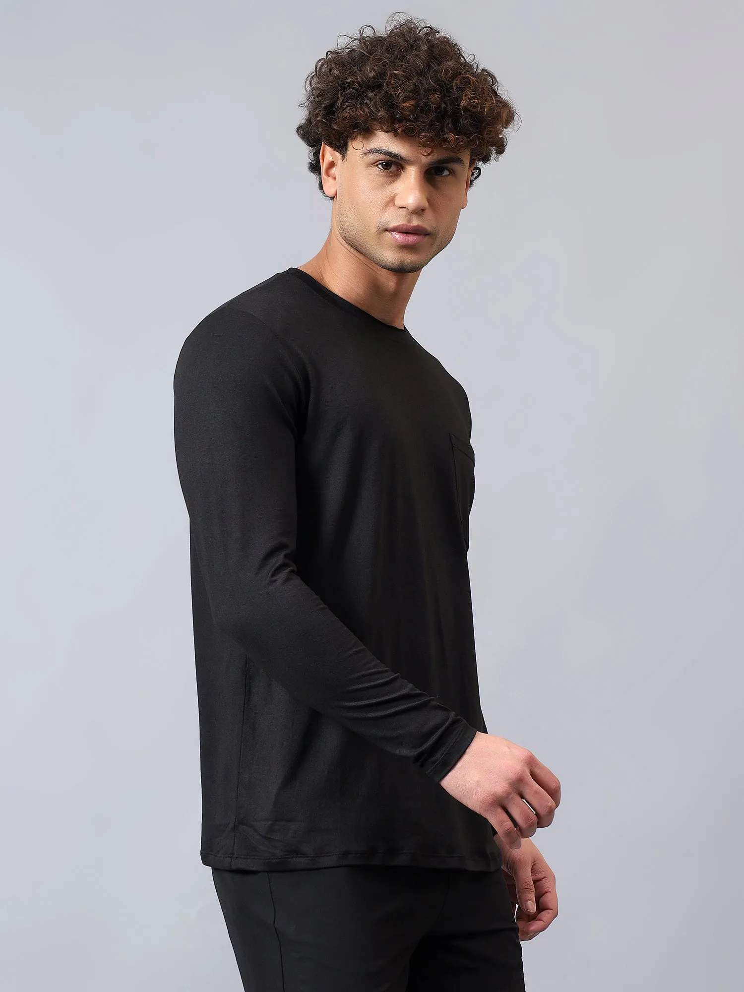 Fitkin men's black raw edge neck style long sleeevs t-shirt