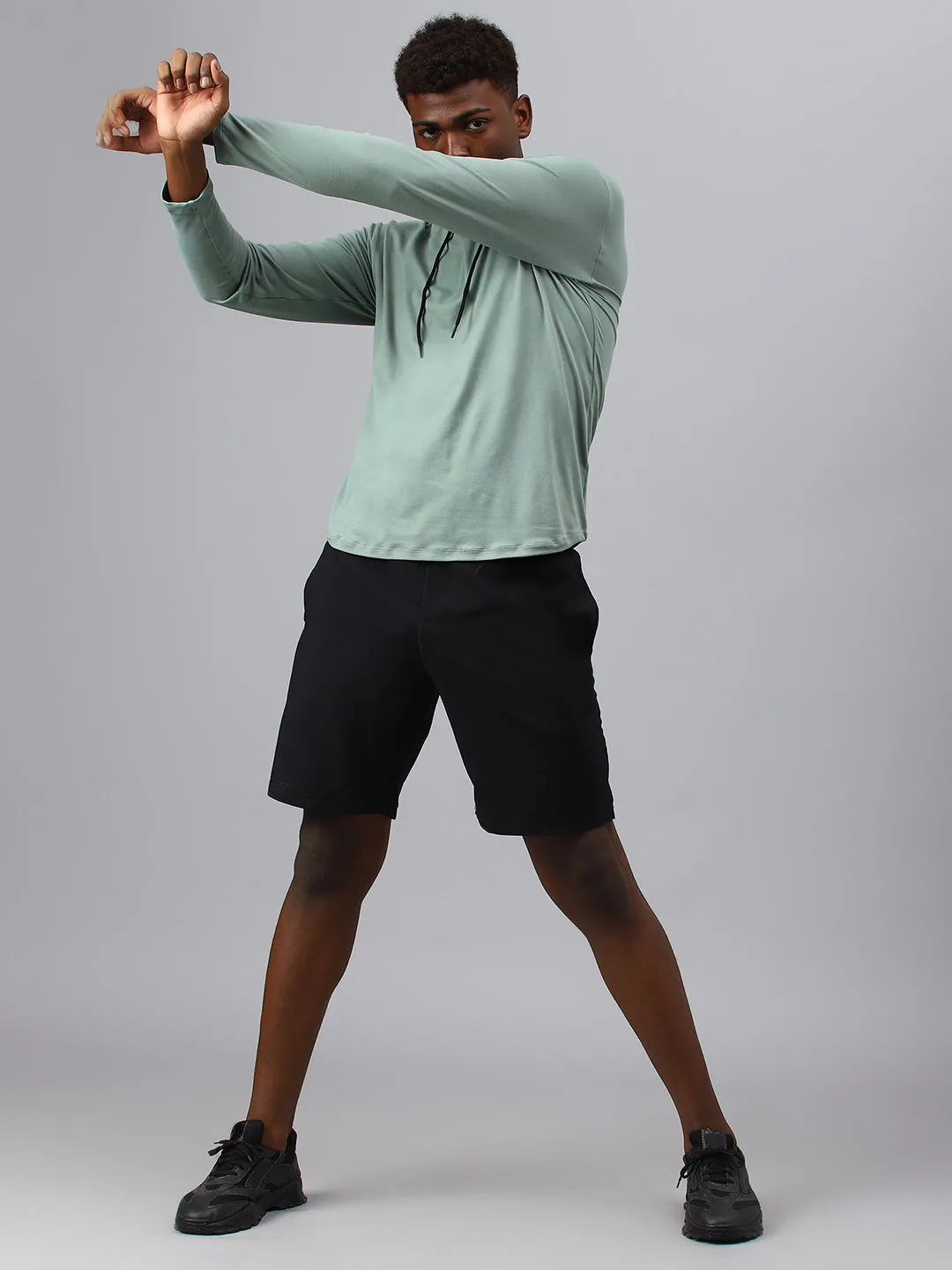 Fitkin men's green plain full sleeves hooded t-shirt
