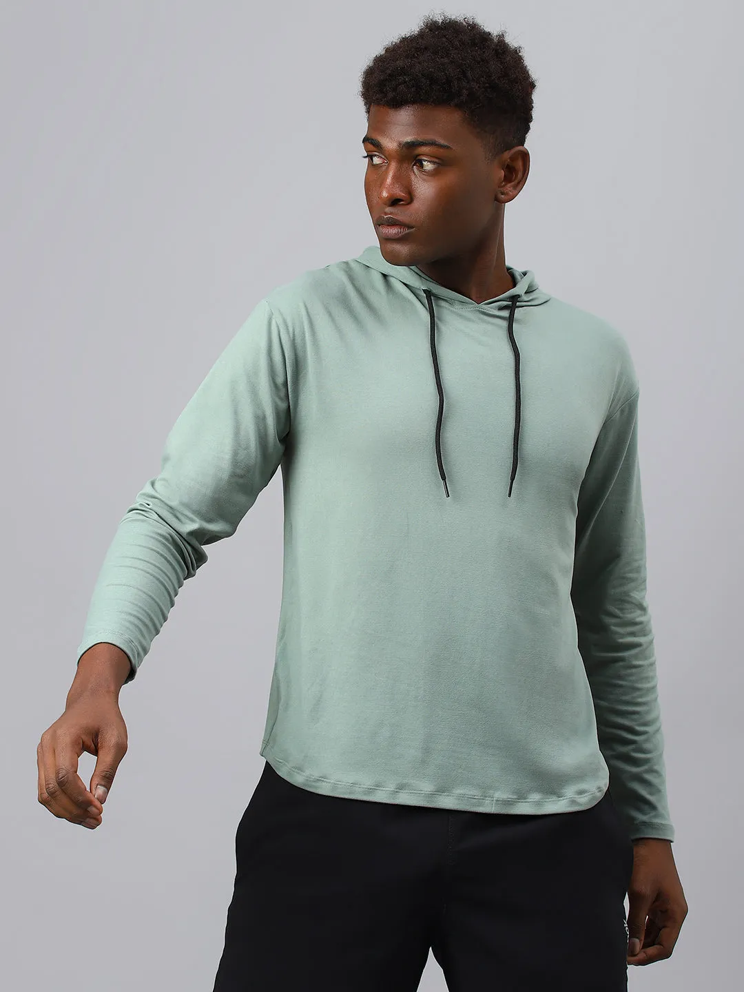 Fitkin men's green plain full sleeves hooded t-shirt
