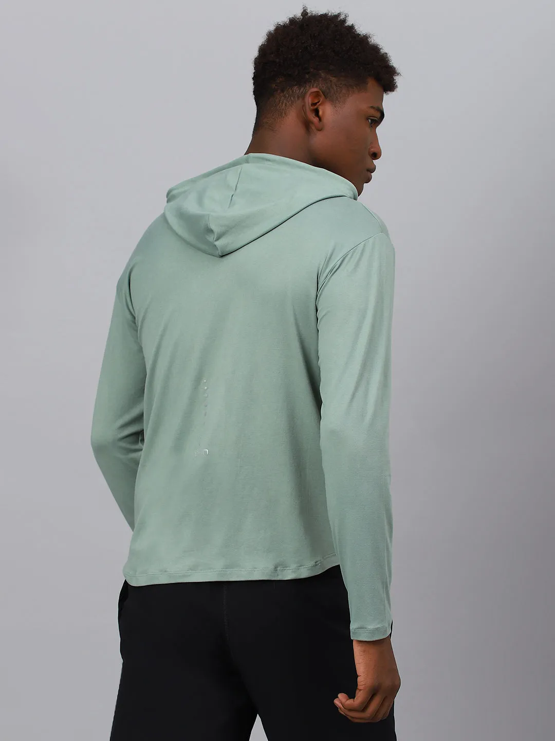Fitkin men's green plain full sleeves hooded t-shirt