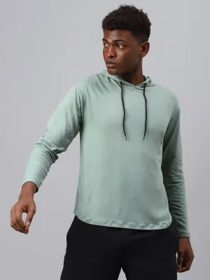 Fitkin men's green plain full sleeves hooded t-shirt