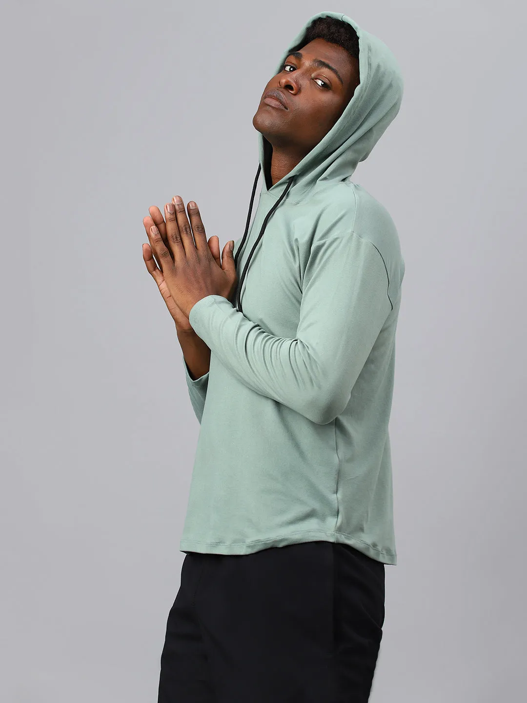 Fitkin men's green plain full sleeves hooded t-shirt