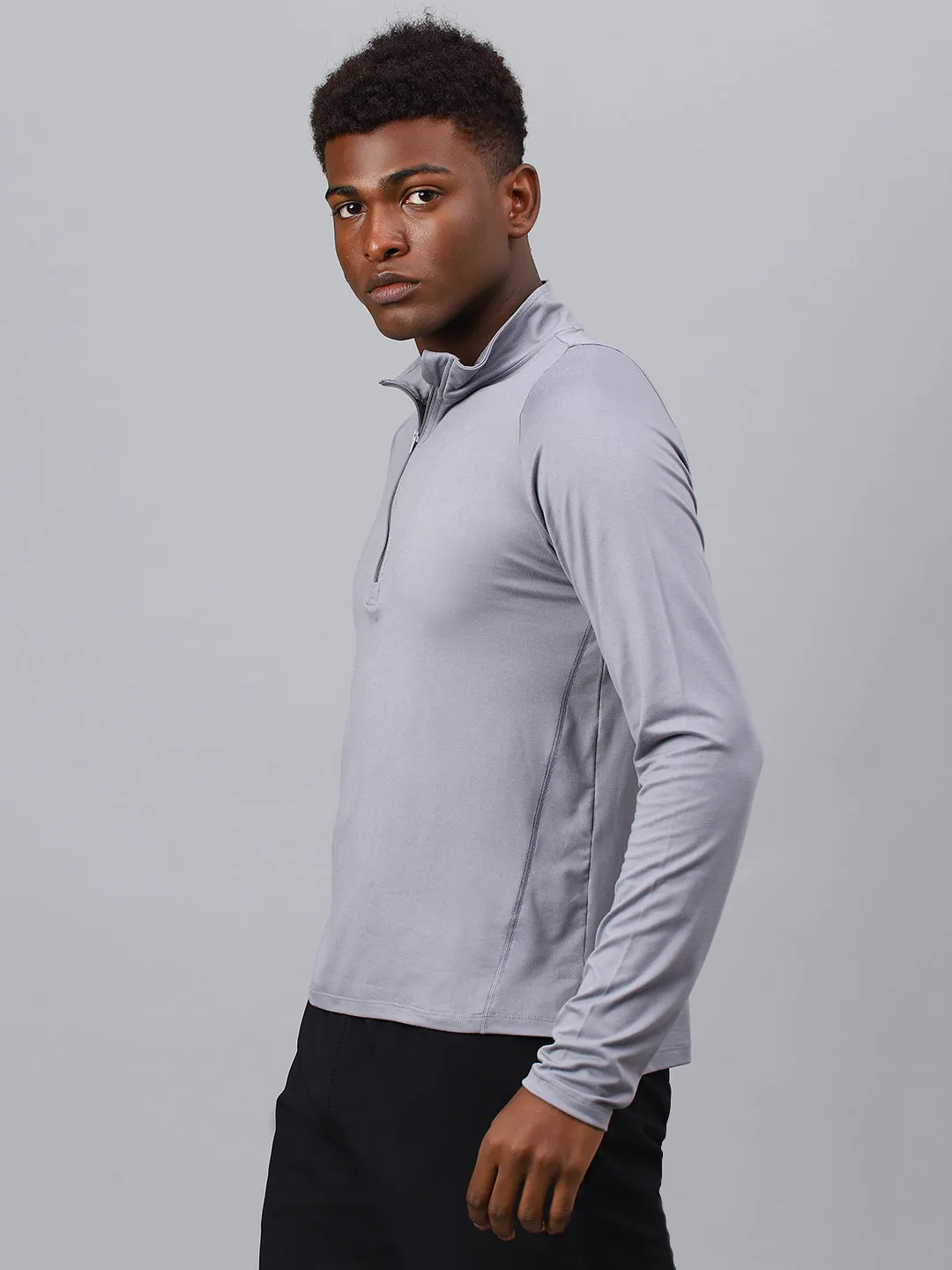 Fitkin men's grey high neck front zipper full sleeves t-shirt