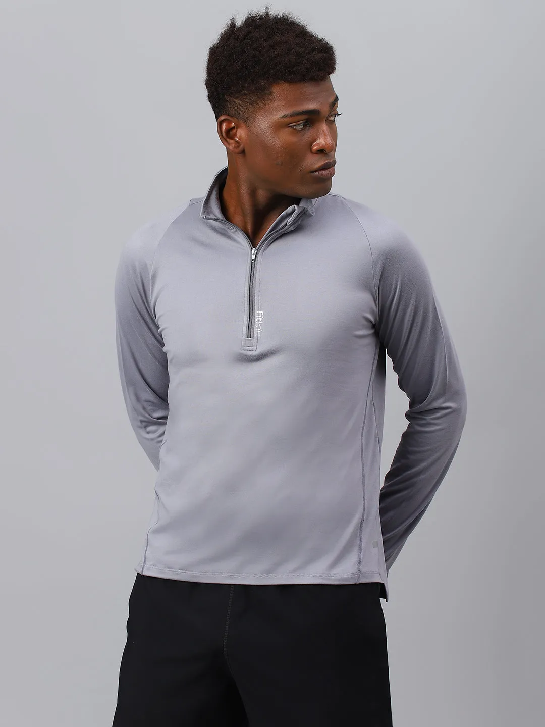 Fitkin men's grey high neck front zipper full sleeves t-shirt