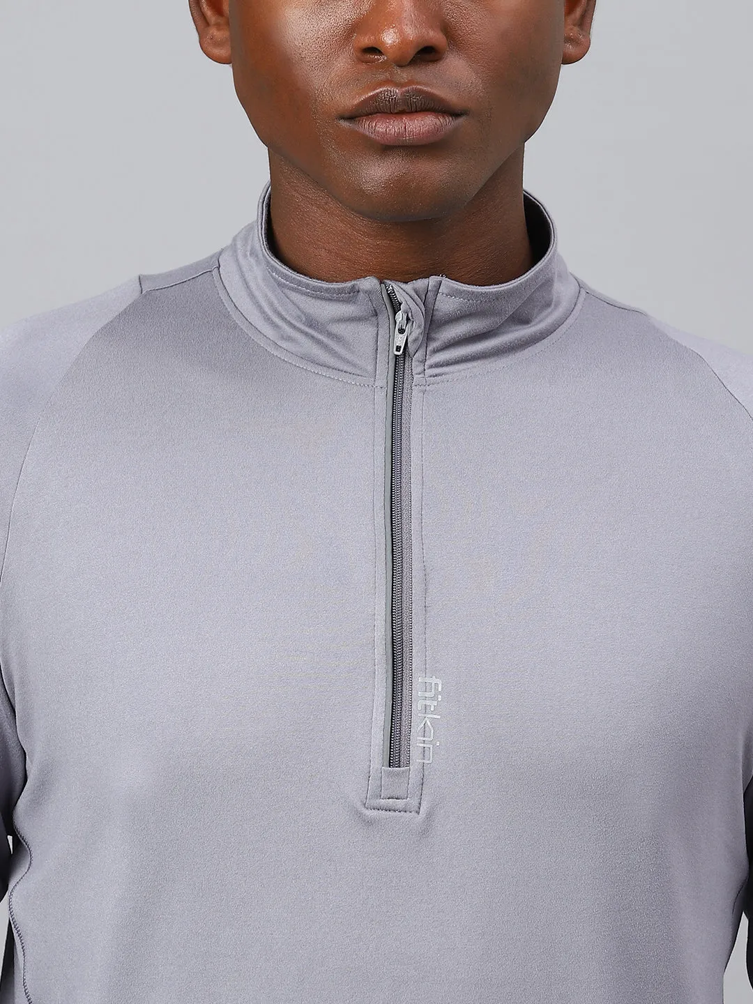 Fitkin men's grey high neck front zipper full sleeves t-shirt