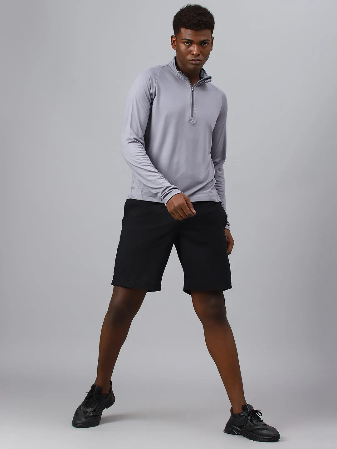 Fitkin men's grey high neck front zipper full sleeves t-shirt