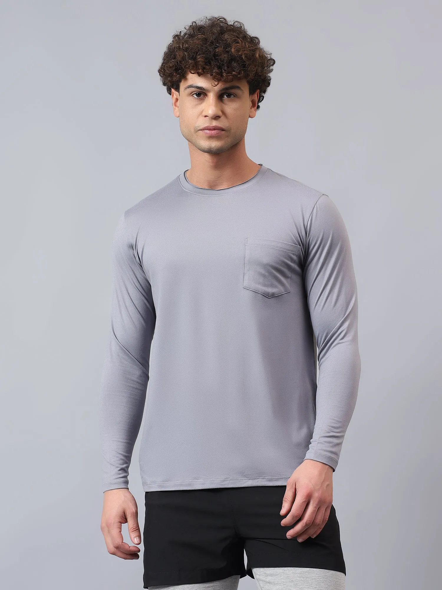 Fitkin men's grey raw edge neck style long sleeevs t-shirt